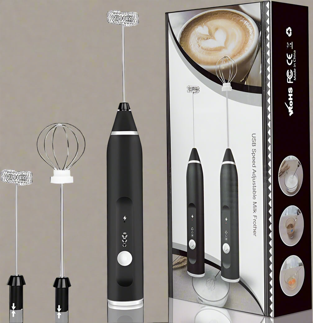 3-Speed Adjustable USB Rechargeable Handheld Electric Frother with 3 Stainless Whisks (Large)