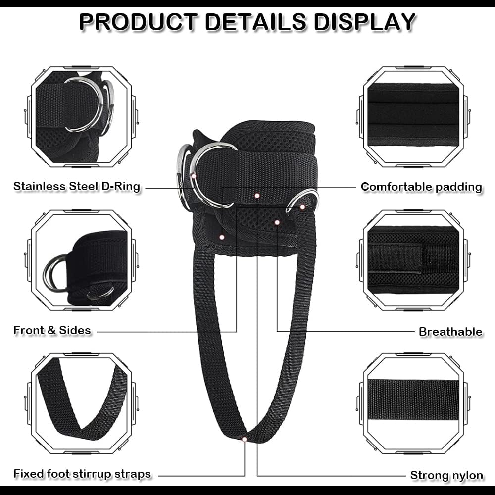 Ankle Strap for Cable Machine (Pair) Adjustable Comfort fit Neoprene and Reinforce 4 D-Rings