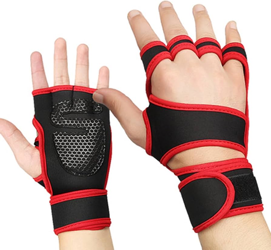 Breathable Gym Training Gloves  Full Wrist Support Red & Black