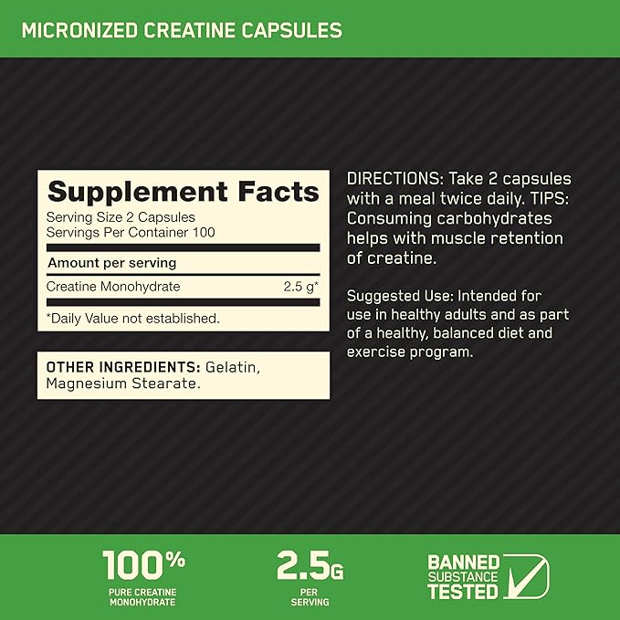 Optimum Nutrition Micronized Creatine Capsules 200 capsules (100 Servings)