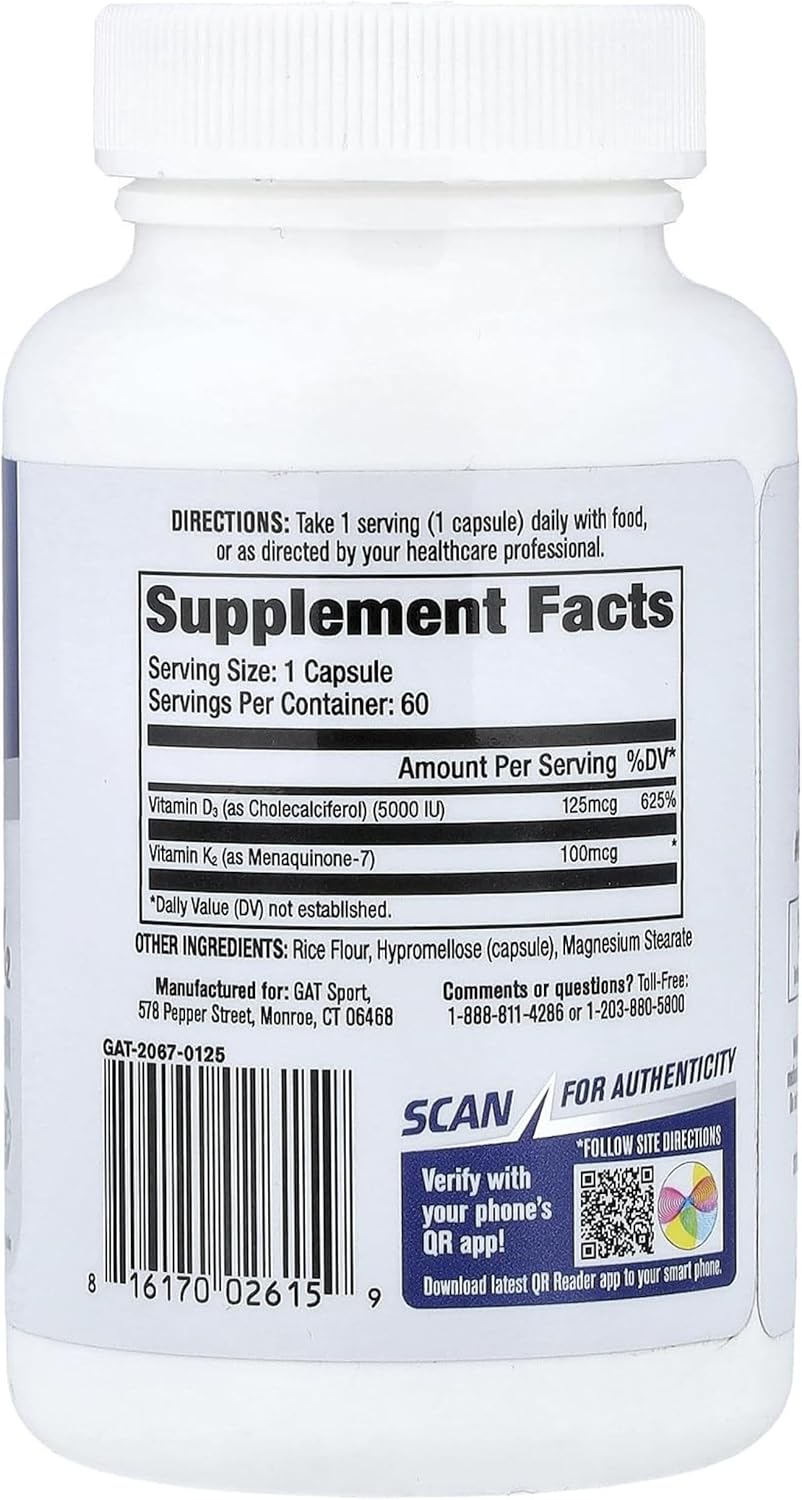 GAT SPORT Vitamin D3 K2, 5000 IU (125 mcg) Vitamin D, 60 Day Supply