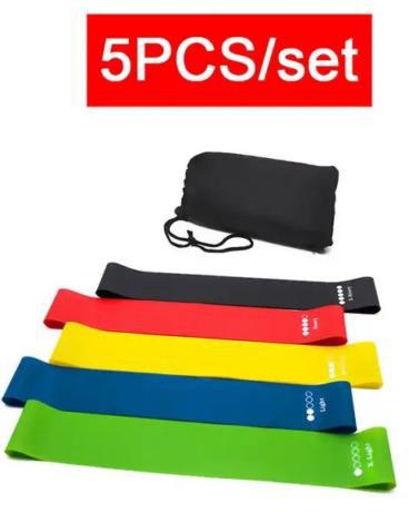 Five-piece resistance loop bands set with carry bag.