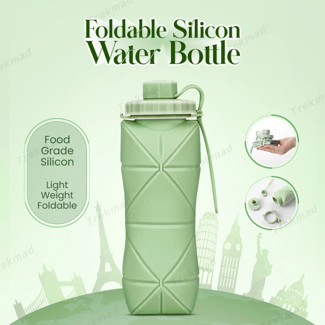 Portable Silicone Foldable Water Bottle 600ml - BPA Free Grey Travel Bottle
