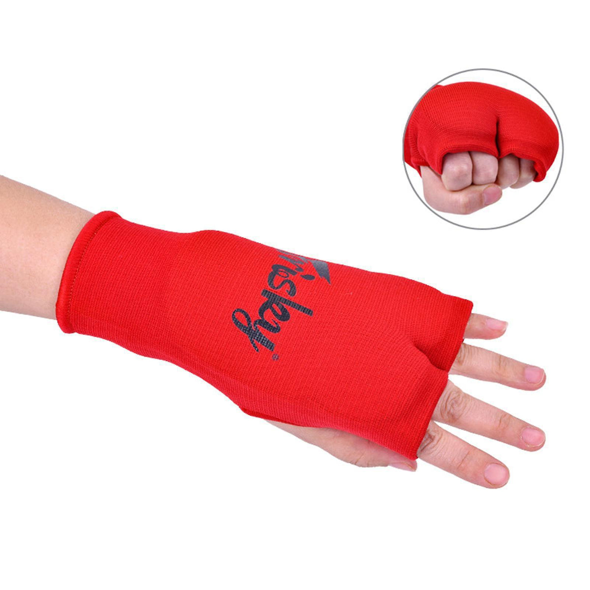 Red boxing hand mitts for martial arts training.