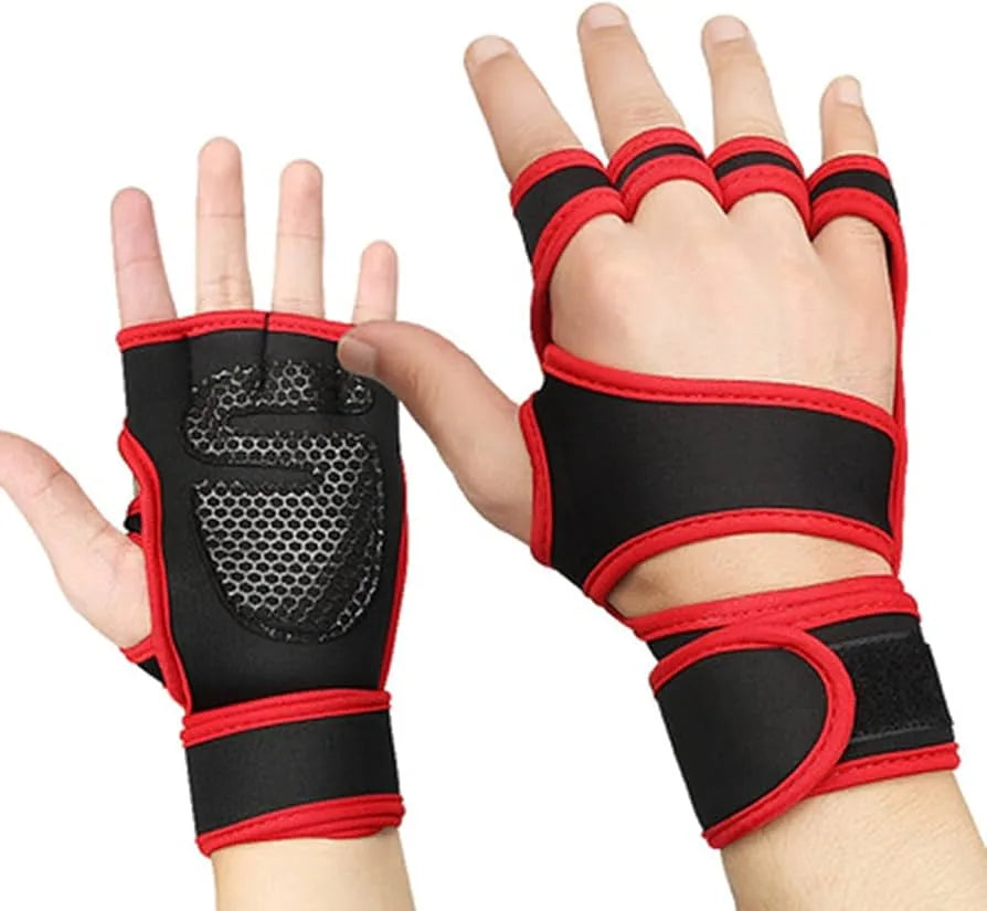 Open-Cut (With Thumb) Silicone finish Gym Training Gloves & Full Wrist Support Red & Black
