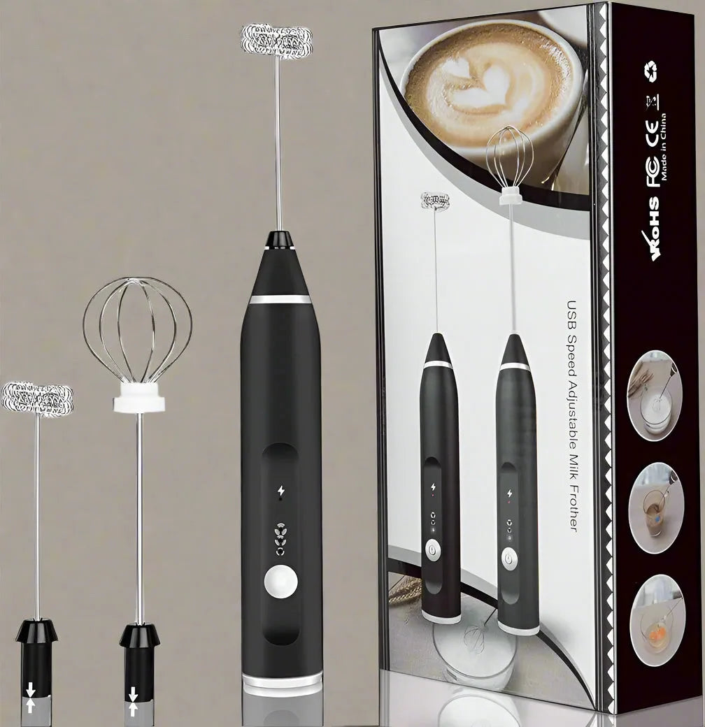 3-Speed Adjustable USB Rechargeable Handheld Electric Frother with 3 Stainless Whisks (Large)