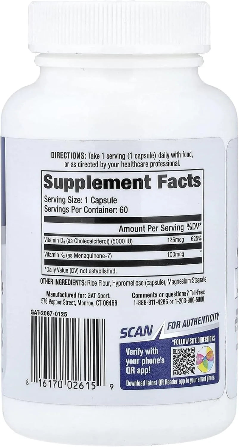 GAT SPORT Vitamin D3 K2, 5000 IU (125 mcg) Vitamin D, 60 Day Supply