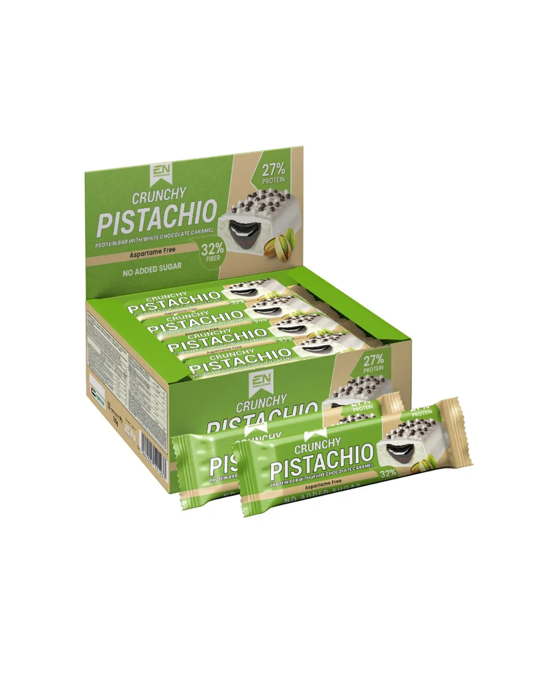 Crunchy pistachio protein bar with chocolate caramel
