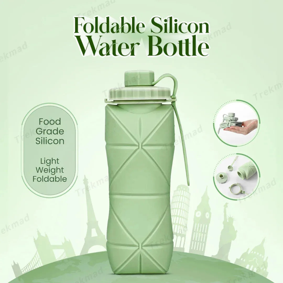 Portable Silicone Foldable Water Bottle 600ml - BPA Free Grey Travel Water Bottle