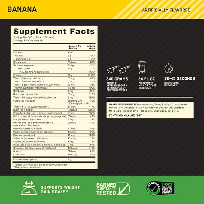 Optimum Nutrition Serious Mass Weight Gainer Protein Powder 12lbs(5.55kg) 16Servings