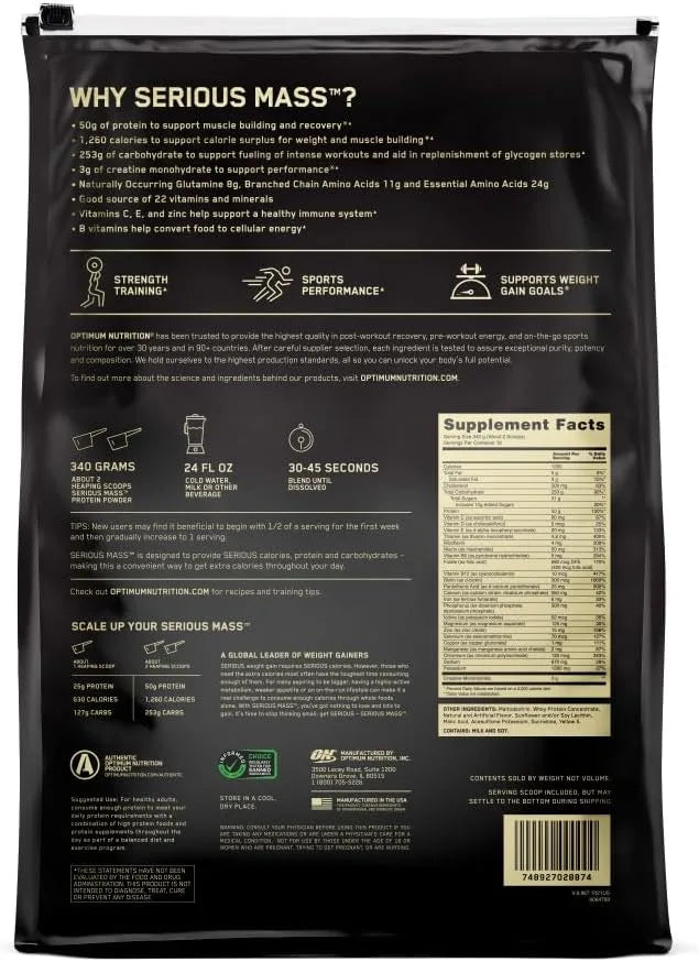 Optimum Nutrition Serious Mass Weight Gainer Protein Powder 12lbs(5.55kg) 16Servings