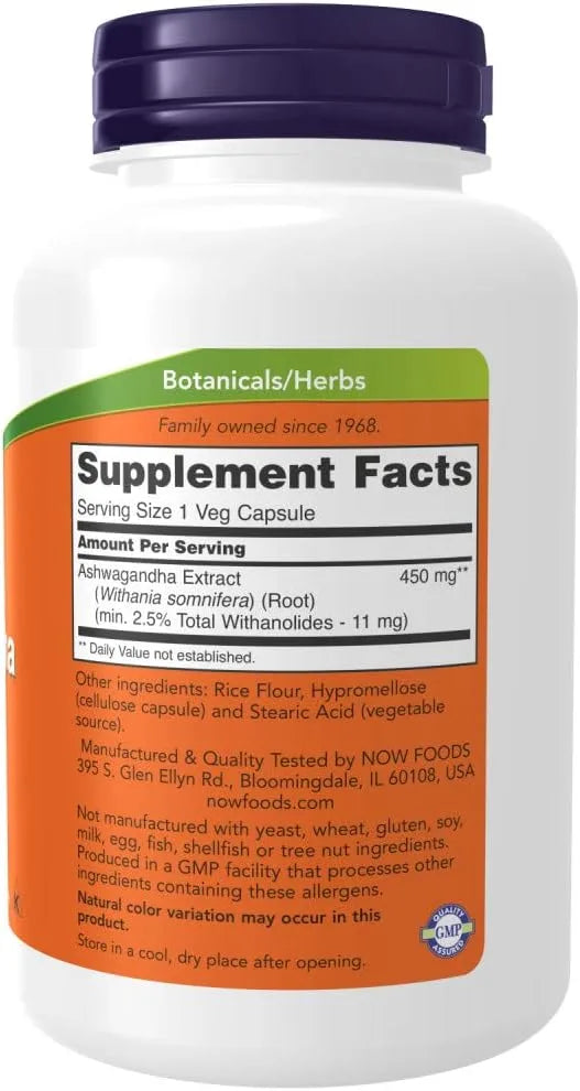 NOW Food Ashwagandha 450 mg 90 Vegetarian Capsules