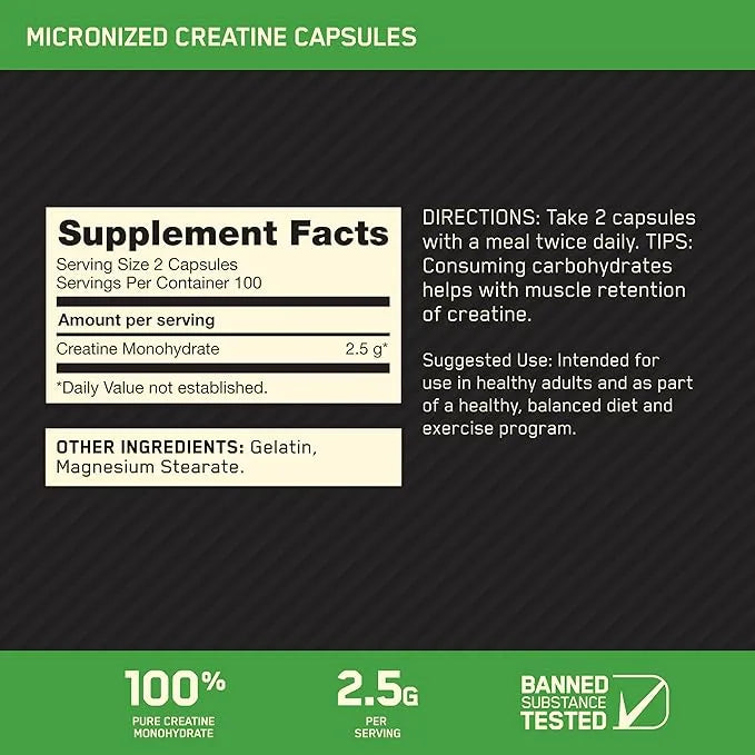 Optimum Nutrition Micronized Creatine Capsules 200 capsules (100 Servings)
