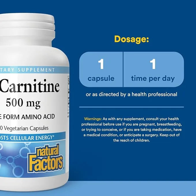 Natural Factors, L-Carnitine 500 mg, Energy Support, 60 Capsules (60 Servings) Fat → fuel · recovery